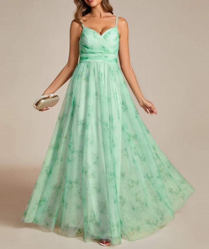 Mint Green Women's A-Line Spaghetti Strap Floral Tulle Floor Length Formal Prom Dresses